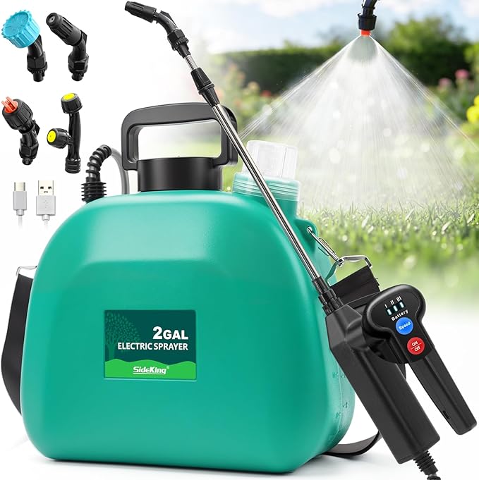 SideKing Battery Powered Sprayer 2 Gallon, Electric Weed Sprayer with 3 Adjustable Spray Pressures, Battery Indicator, Telescopic Wand and 4 Nozzles, for Garden, Lawn, Yard & Plants Care