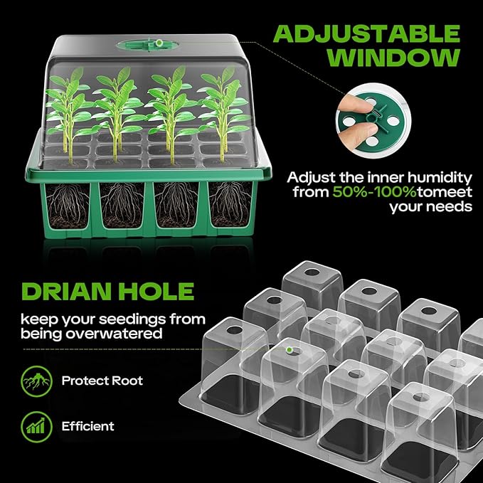 YAUNGEL Seed Starter Tray with Grow Light, Heat Mat with Thermostat, 5 Pack Seed Starter Kit with Timing Controller Adjustable Brightness, Thicken Seedling Starter Trays with Humidity Domes