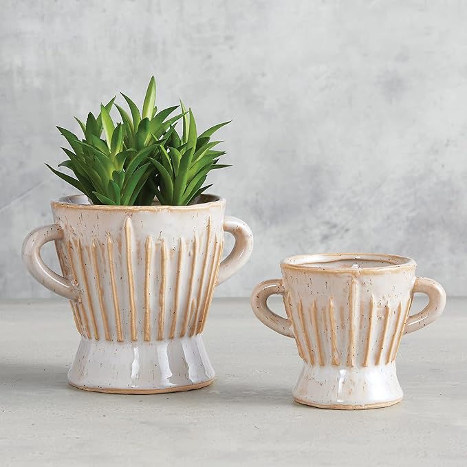 47th & Main Textured White Glazed Ceramic Planter with Handles for Flowers Small Plants Succulents and More, Small, Stripes