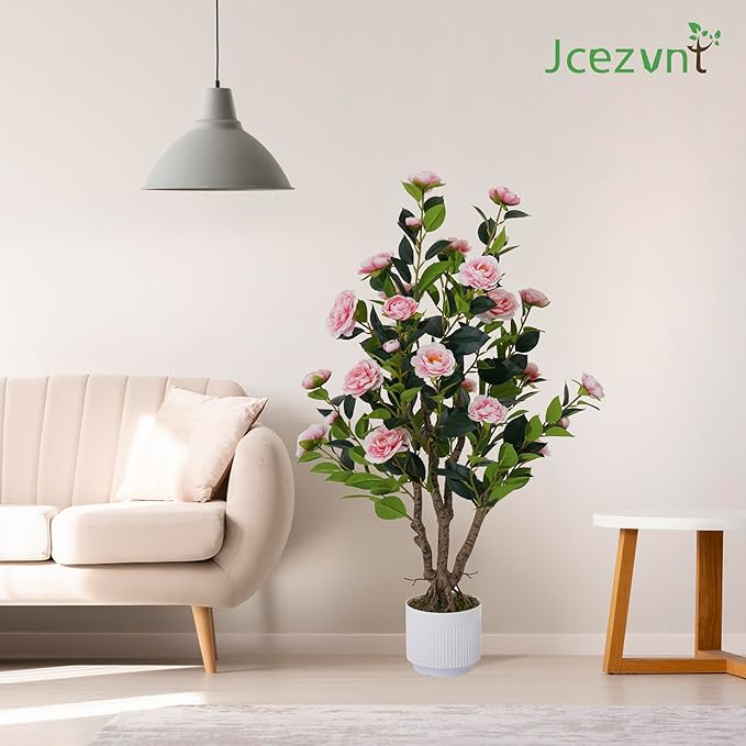 2 Pack Artificial Camellia Tree with White Pot, 38" Faux Potted Plants for Indoor Outdoor Decor, Tall Silk Greenery Plant for Home Offce Living Room Balcony, Pink