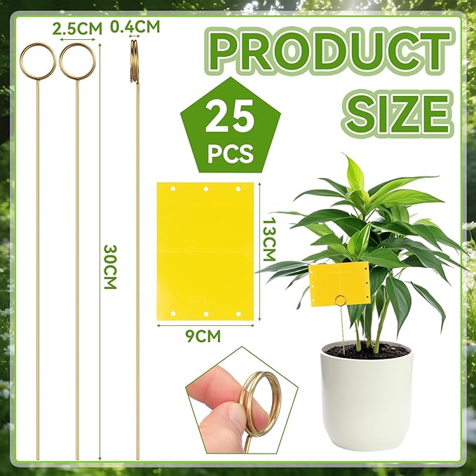 50 Pcs 12 Inch Dual-Sided Yellow Fruit Fly Traps Kit Includes 25 Sticky Cards and 25 Golden Long Wire Holders Effective Insect Gnat Trap Killer for Garden Plant Indoor Pest Control Fungus Gnats