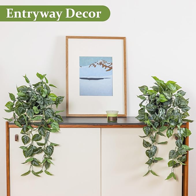 Artificial Pothos Hanging Plant, Fake Pothos with Woven Net, Realistic Faux Ivy Vine Fake Potted Plants for Shelves, Patio, Office, Living Room, Bathroom, Indoor Outdoor Decor(with Flowerpot)