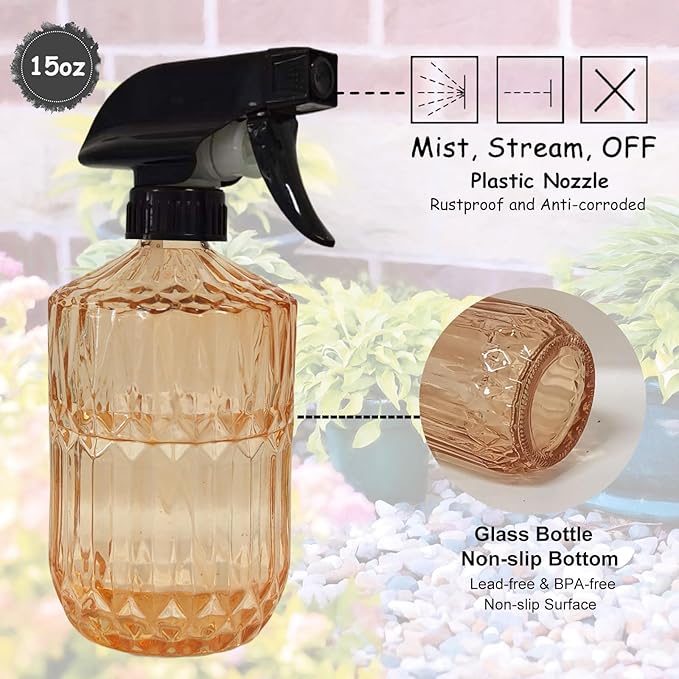 YYTSGG Glass Handheld Spray Bottle, 15oz Refillable Plant Mister Bottle, Water Spray Bottle with Adjustable Mist Nozzle for Indoor Flowers, Outdoor Gardening, Cleaning, Hair and Pets Care (Orange)