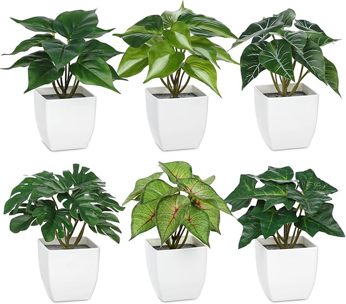 Briful 6PCS Fake Plants Potted Artificial Plants, Mini Faux Plants in White Pots Greenery Décor for Home Office Table Shelf Bathroom Farmhouse Indoor Decoration