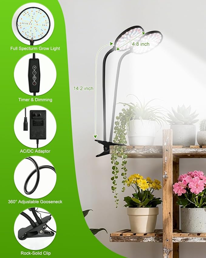 Clip On Grow Lights for Indoor Plants, High PAR & PPFD Full Spectrum Plant Light with Auto On/Off Timer, 5 Dimmable Levels, Flexible Gooseneck LED Grow Lamp for Indoor Growing