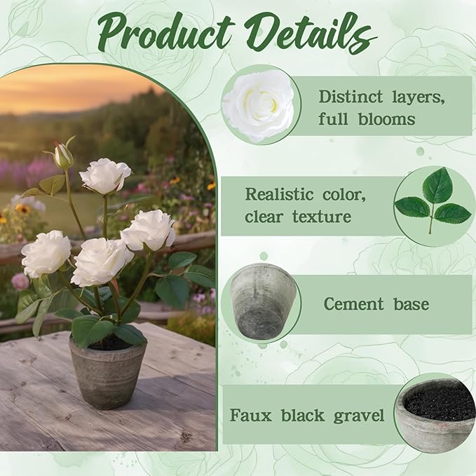Rose in Pot Decor Potted Artificial Flowers Mini Plants Faux Flowers Indoor Small Decor Fake Roses for Home, Bathroom, Kitchen, Offices, Wedding Party Centerpieces (Rose White)