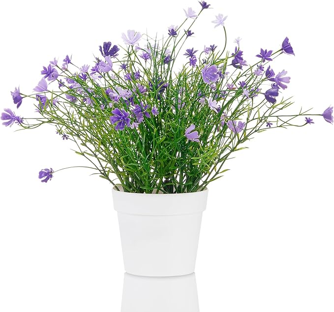 Babys Breath Potted Fake Plants with Flowers Faux Plants Indoor for Home Office Bookshelf Table Farmhouse Room Decor (Purple)