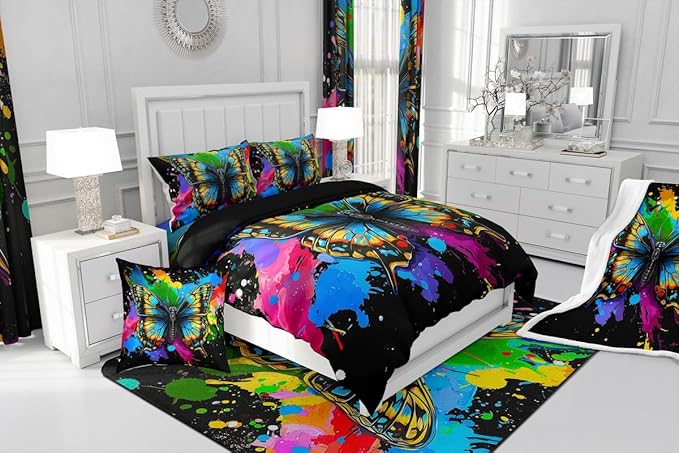 Watercolor Butterfly Curtains & Drapes,Rainbow Graffiti Blackout Curtains,Moth Rustic Animal Window Treatments 2 Panels 42"Wx63"L,3D Wildlife Window Curtains Blue Teal Green Yellow Red Black