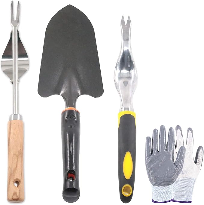 Swpeet 5Pcs Manual Weeders Puller Tool Kit, Weed Puller Tool Garden Handle Weeder Removal Tool Garden Trowel with Ergonomic Handle Weeding Tool with Protective Gloves for Garden Lawn