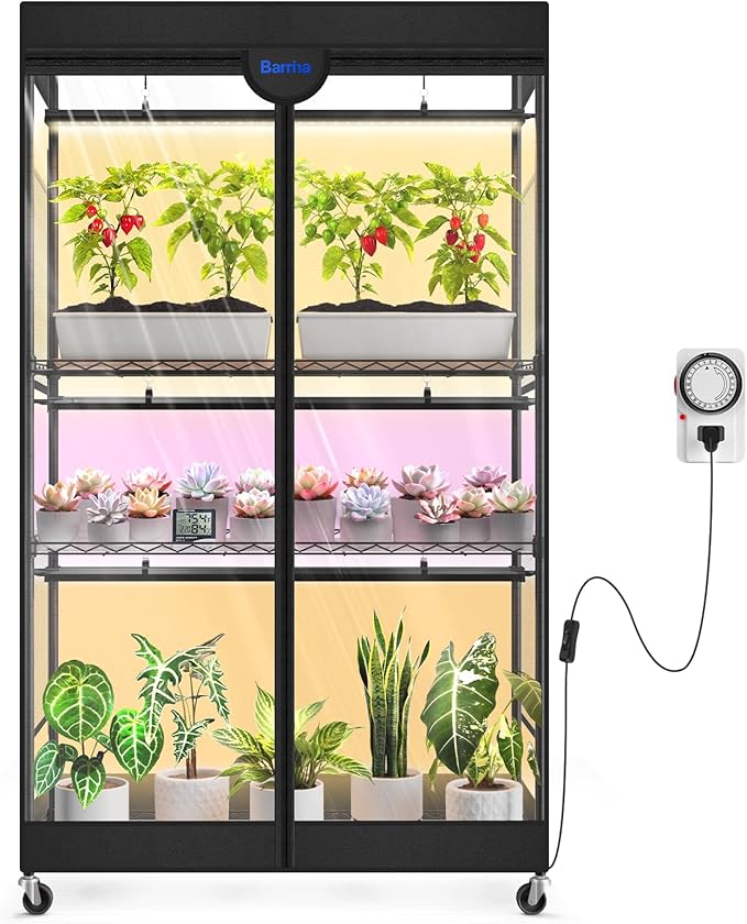 Barrina LP900 Mini Greenhouse with Grow Lights, 4-Tier Plant Stand with135W TX-S45 3FT 3 Dimmable Full Spectrum Lights , Plant Shelf with Tent Timer & Thermometer for Seed Trays 35.4 x 13.8 x 59.1IN