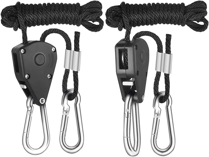 1/8Inch Heavy Duty Adjustable Rope Clip Hanger Reinforced Metal Internal Gears for Growing Light Fixtures,Various Tie-Down Uses,Loose-Proof Design,8ft Long,150lbs Weight Capacity,Black,1Pair