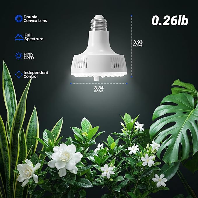 Barrina Orbgrow OG11A Grow Light Bulbs for Indoor Plants, Integrated Dimming & Timing, 5000K 44W(4 x 11W, 400 Watt Equiv), E26 Plant Light Bulb, Full Spectrum for Seeds and Greens, 4 Packs, White