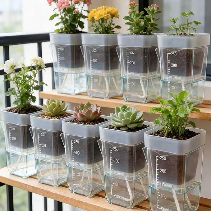 16 Pack 2.5" Mini Clear Self Watering Plant Pots, Plastic Planters with Bottom Water Tray & Watering Rope, Nursery Planting Pot for Indoor Out Door Plants
