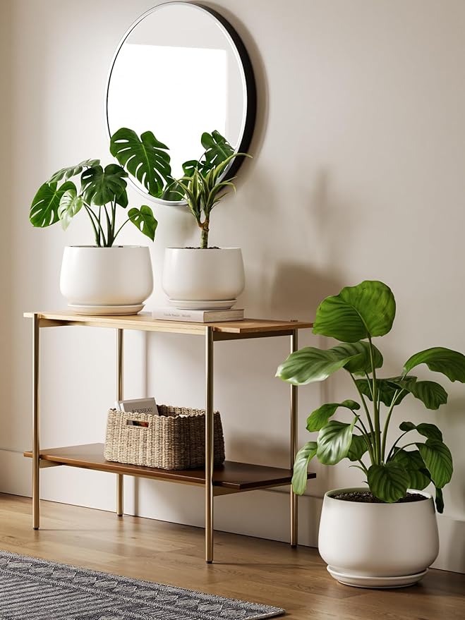 LE TAUCI Ceramic Plant Pots, Set of 2, 10 + 12 Inch Plant Pot, Elegant Planters for Indoor Plants, Sturdy Planter with Drainage Hole and Saucers, Perfect for Home Decor, White