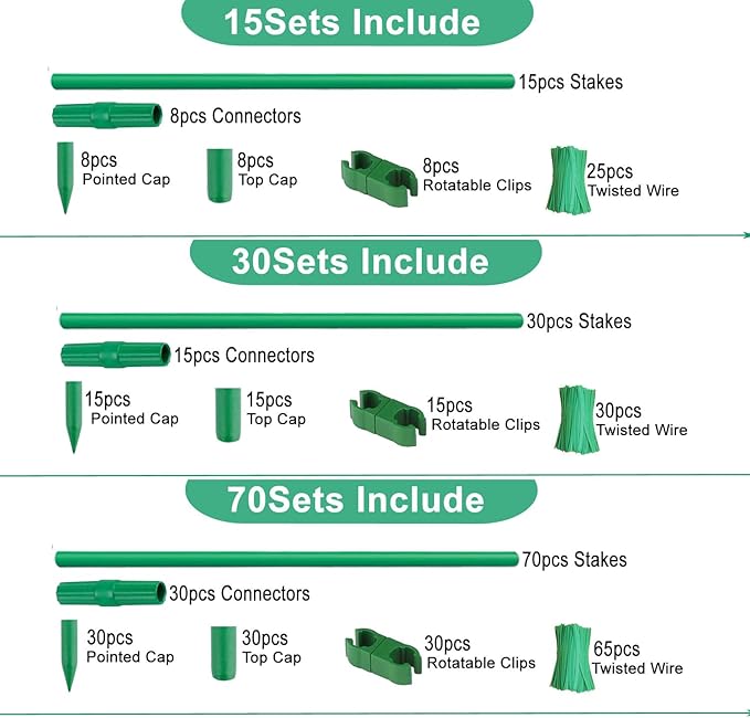 70Sets Garden Stakes Set 255pcs with 14 Inch Plant Sticks and Stake Arms, DIY 4ft 5ft 6ft 7ft 8ft Tomato Stakes, Garden Stakes for Vegetables Tomato Pepper Indoor Outdoor Plants