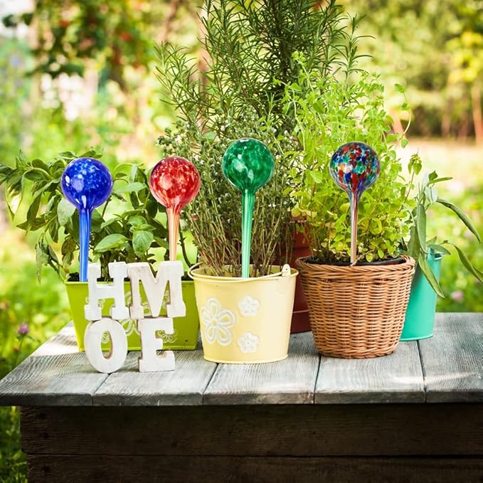 4 Pack Plant Watering Globes Indoor Colorful Hand-Blown Glass Self Watering Bulbs Decorative Design Plant Automatic Self Watering Spikes (Big Colorful)