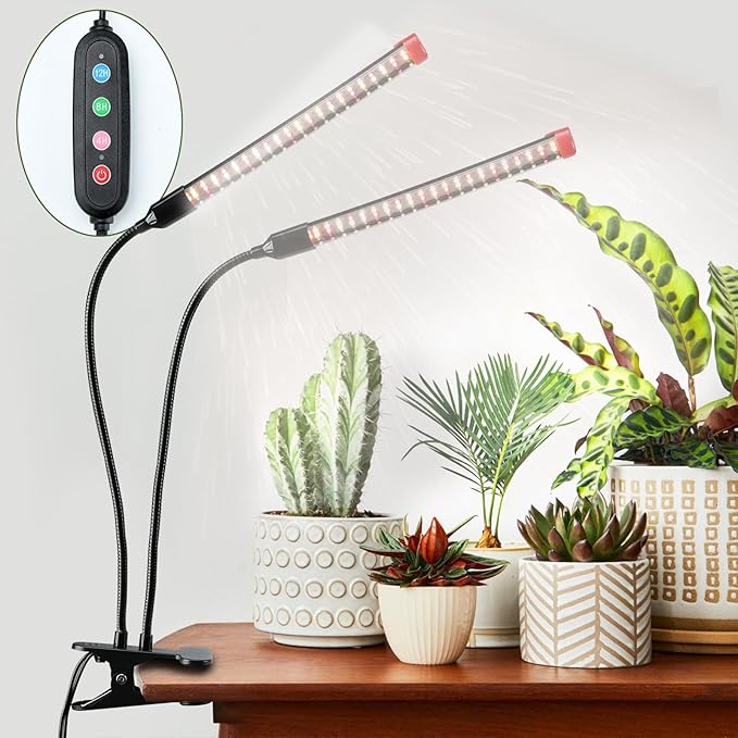 Gamechanger! 18 Watt Power Draw, NO Need Adapter, FECiDA 2026 2Head Clip Grow Lights for Seed Starting, Bonsai, Small Indoor Plants, Enough Bright Like Sun, 4/8/12/16/20H Timer
