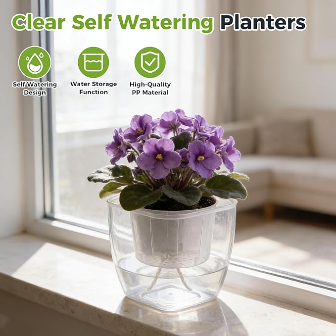 3-Pack Clear Self Watering Planters for Indoor Plants 7" Large African Violet Plant Pots Plastic Wick Flower Pots with Water Injection Hole, Orchid Plant Pot Set, Clear