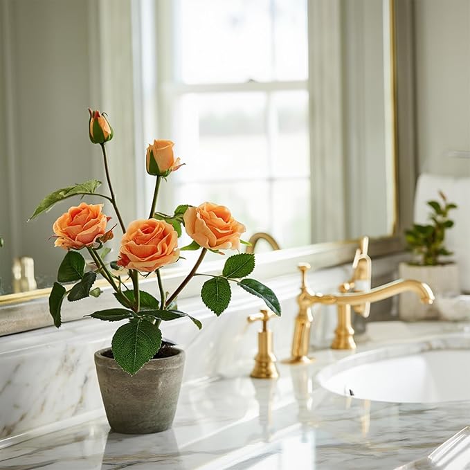 Rose in Pot Decor Potted Artificial Flowers Mini Plants Faux Flowers Indoor Small Decor Fake Roses for Home, Bathroom, Kitchen, Offices, Wedding Party Centerpieces (Rose Yellow)
