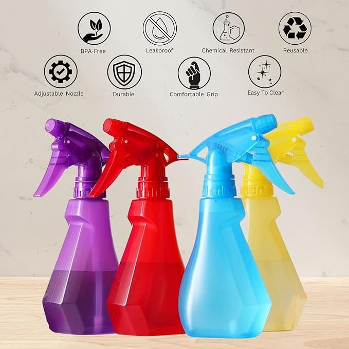 DilaBee 8oz 4-Pack Empty Spray Bottles for Cleaning Heavy Duty, Small Spray Bottle for Hair, Plant Mister, Squirt Bottle for Cats, Spritzer Bottles for BBQ - Multi-color Water Sprayer - BPA-Free