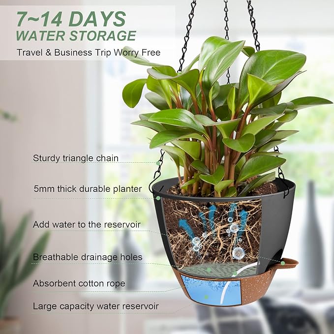 Vanslogreen Hanging Planters for Indoor Outdoor Plants, 2 Pack Self Watering Hanging Pot with Drainage Holes & Removable Tray (Black, 6'')
