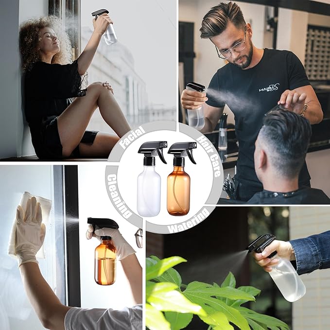GearTrust Water Spray Bottle for Hair, Small Squirt Bottle Amber & Frosted Clear, 10.1 oz Refillable Empty Mister Spray Bottles with Adjustable Mist/Stream for Hair, Plant, Pet, Cleaning, Cooking