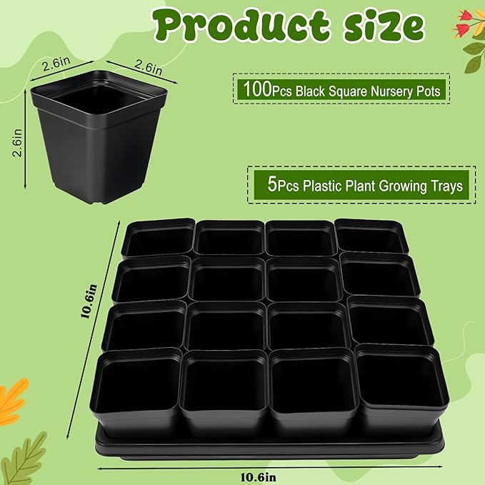 NNG 2.6 inch 100 Pcs Black Square Nursery Pots with 5 Pcs Plastic Seed Starting Trays,Plant Propagation Starter Kit Square Seed Starting Pots with Drain Holes
