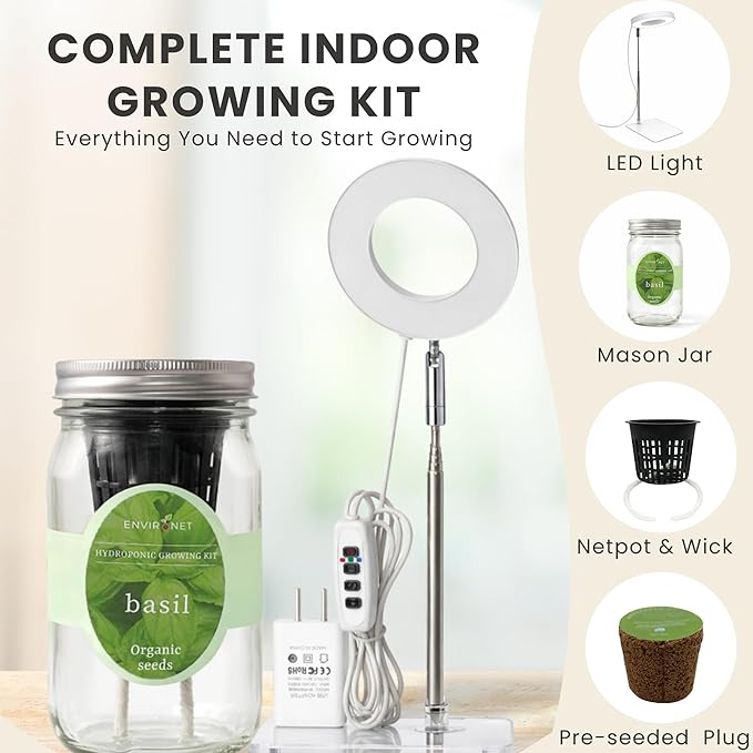 Indoor Herb Garden Kit with LED Grow Light – Hydroponic Mason Jar Basil Growing Kit with Organic Seeds, Self Watering Indoor Gardening System, No Soil Needed, Perfect for Kitchen Windowsill