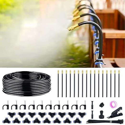 360° Adjustable Drip Irrigation System - 50FT Garden Watering System with 16 Nozzles, Garden Mister System, Garden Irrigation System, Atomizing System for Yard, Lawn, Plants, 5/16 inch Tubing ﻿