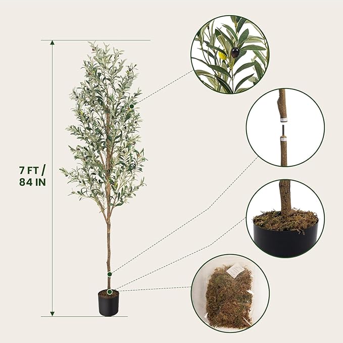 Artificial Fake Olive Tree 7FT Tall 2Pack Faux Silk Olive Tree for Home Living Room Office Decor Faux Artificial Plants Indoor Fake Potted Plants with Fruit & Free Moss