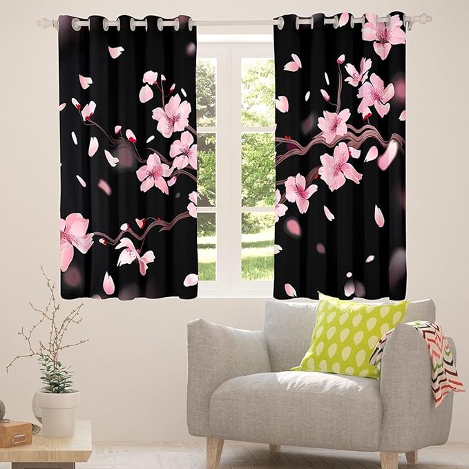 Feelyou Cherry Blossoms Blackout Curtain Japanese Style Curtains for Kids Boys Girls Blossom Floral Window Drapes Botanical Floral Window Treatments 42W X 84L,2 Panels