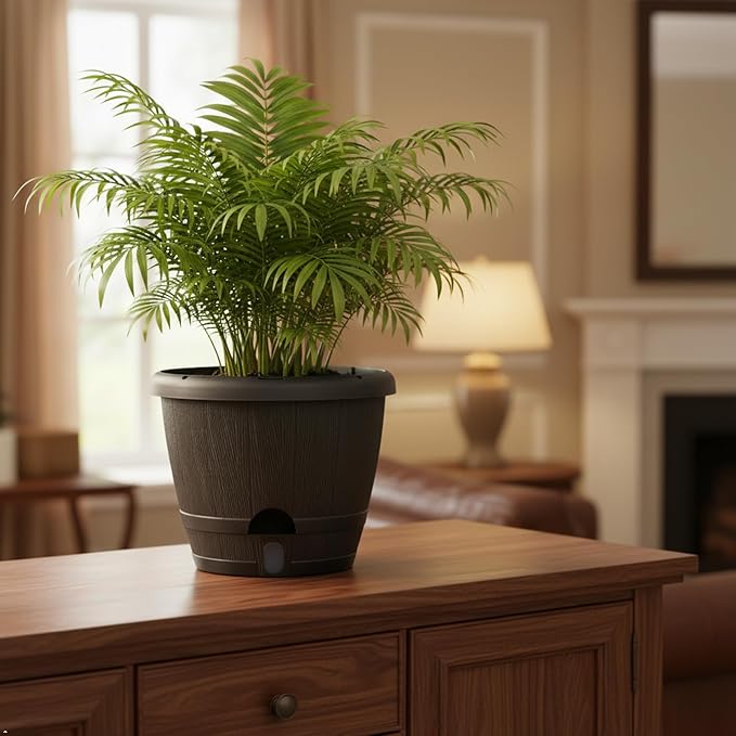 SUN-E 10 Inch Self Watering Planter Pots 3Pack-Dark Brown Realistic Wood Grain with Water Level Indicator, Drainage Holes&Saucer Whiskey Barrel Planters Plastic Flower Pots,Plants & Decor Not Included