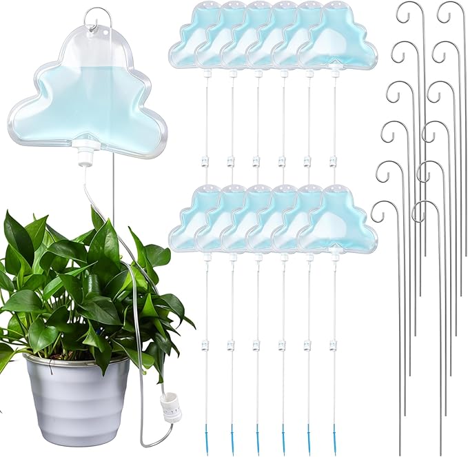 Zhengmy 12 Pcs Cloud Plant Self Watering Drip Water Bag with Flow Regulator, Automatic Plant Self Watering System with 500ml Drip Water IV Bag and Support Rod Stake for Potted Indoor Outdoor Waterer