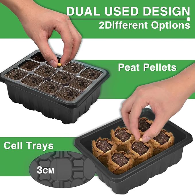 YAUNGEL Seed Starter Tray with Grow Light, 6 Pack Seed Starter Kit with Timing Controller Adjustable Brightness, Thicken Seedling Starter Trays with Humidity Domes Heightened Lids, Black