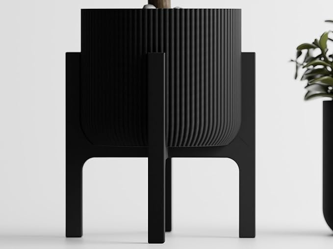 Modern Geometric Planter with Stand – Decorative Indoor Plant Pot with Ridged Top & Smooth Bottom, Stylish Planter for Succulents, Herbs, Small Plants (Black - Ridges only and Stand)