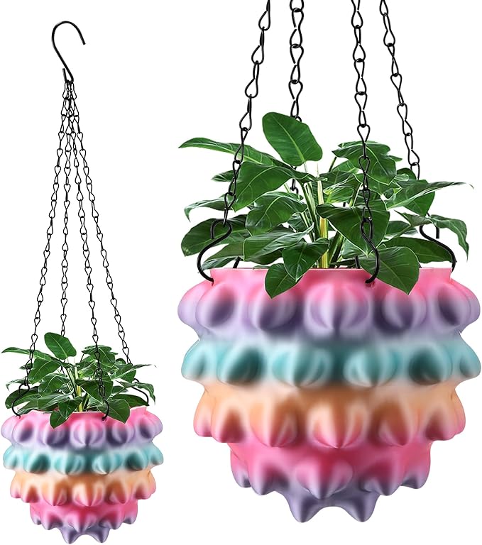 Enhon 6 Inch Hanging Planters for Indoor Plants, Unique Hanging Pots for Plants with Drainage and Hanger Baskets Hangers, Spiked Orb Plant Hanger, Silky Rainbow Finish
