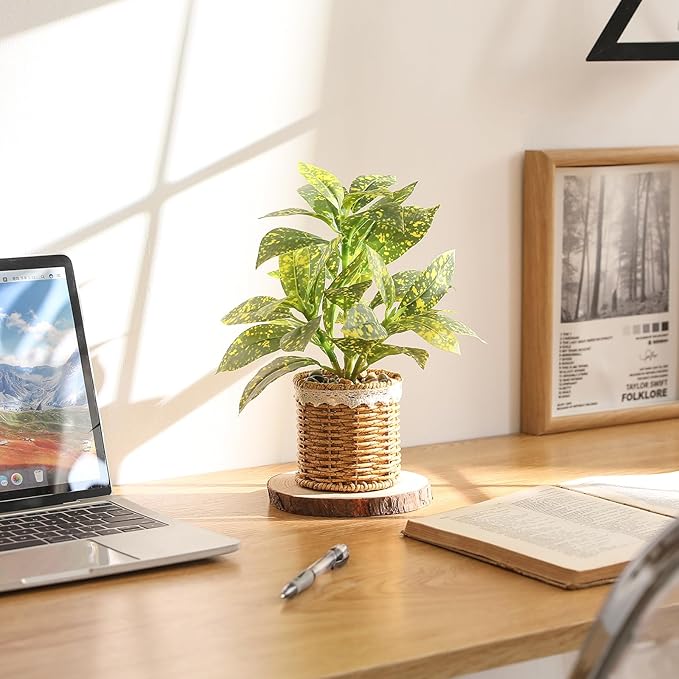 Nubry Fake Plants Artificial Potted Plants with Weaved Pot for Shelf & Table Desk | Perfect for Home Office Bathroom Farmhouse Room Coffee Table Decor 10‘’