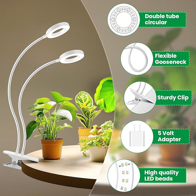 Grow Lights for Indoor Plants, 2 Heads 96 LEDs Full Spectrum Clip On Grow Light with Clip, Plant Lights for Indoor Growing with 3 Lighting Modes, 6/12/16Hrs Auto Time, 5 Brightness.