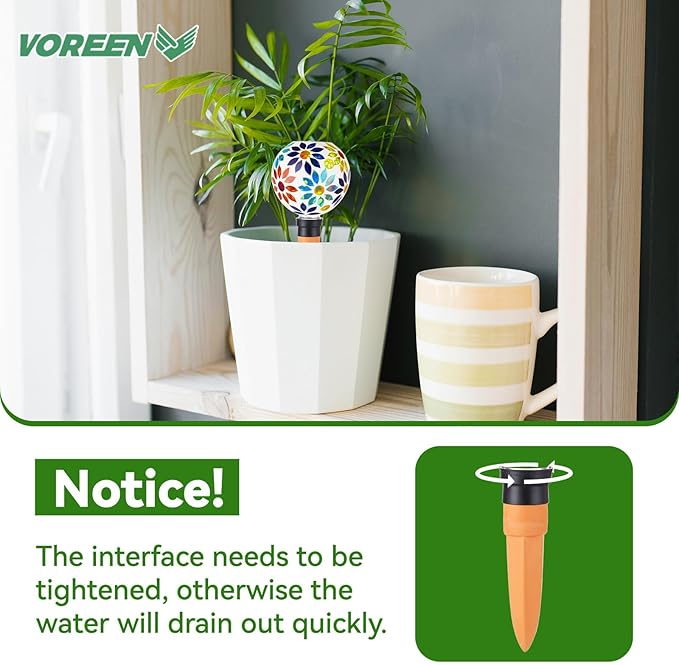 VOREEN Mosaic Plant Watering Globes 2 Pack 500ml with Terracotta Spikes, Handmade Self-Watering Stakes for Indoor/Outdoor, Gift for Garden Lover, Automatic Watering Devices (Multi Colored Flowers)