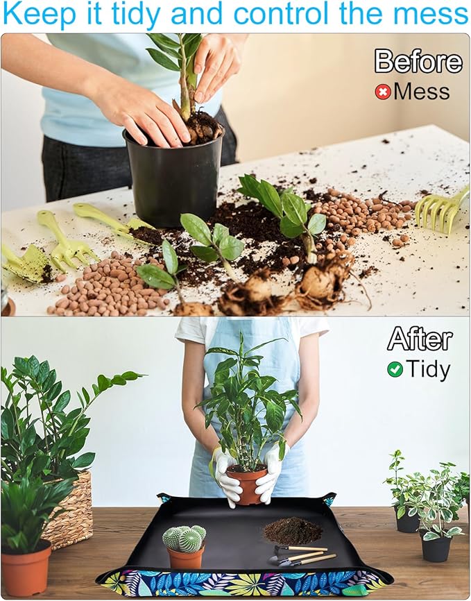 Waterproof Potting Mat for Indoor Plant Transplants, 29.5"x 29.5" Foldable Repotting Mat for Mess Control, Succulent Gardening Tray for Plant Lovers, Birthday Gifts for Women