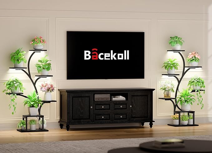 BACEKOLL Plant Stand Indoor with Grow Lights, 7 Tiered Indoor Plant Shelf, 49" Corner Plant Stands for Indoor Plants, Metal Plant Flower Display Shelf, Tree-Shaped Plant Rack for Home, Black