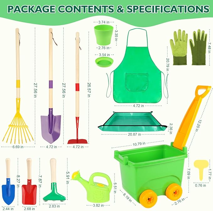 Kids Gardening Set, Outdoor Toys with Wheelbarrow and Kids Garden Tools, Toddler Gardening Set with Repotting mat, Gloves, Apron, Watering Can, Pretend Play Learning Toys for Kids Boys and Girls 3-8