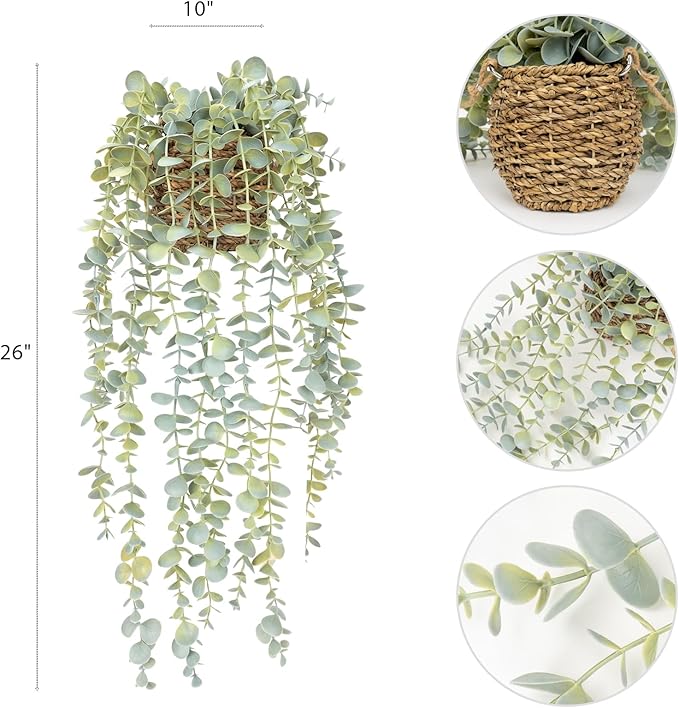 Artificial Hanging Plants in Woven Basket for Wall Decor, Indoor Greenery Full Fake Eucalyptus Leaves, Farmhouse Boho Rustic Home Decoration 1PCS