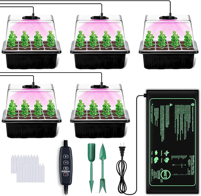 YAUNGEL Seed Starter Tray with Grow Light, 5 Pack Seed Starter Kit with Heat Mat, Seed Tray with Timing Controller Adjustable Brightness and Humidity Domes Heightened Lids, Black