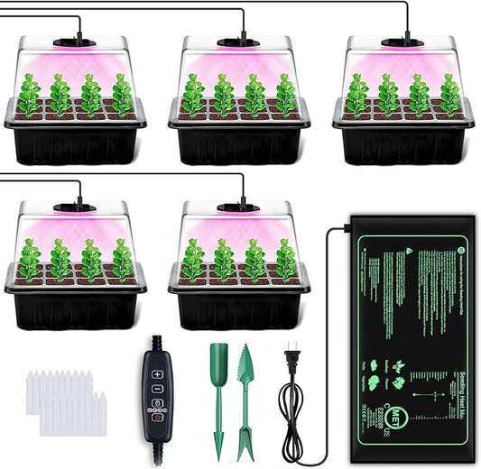 YAUNGEL Seed Starter Tray with Grow Light, 5 Pack Seed Starter Kit with Heat Mat, Seed Tray with Timing Controller Adjustable Brightness and Humidity Domes Heightened Lids, Black