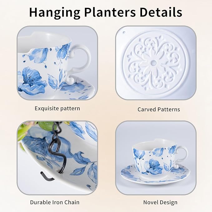 TEATALK Hanging Planters for Indoor Plants, Ceramic Pots with Drainage Hole, 6.3 Inch Hanging Planter with Chain, Outdoor Hanging Baskets for Plants, Blue Flowers, Cup Shape