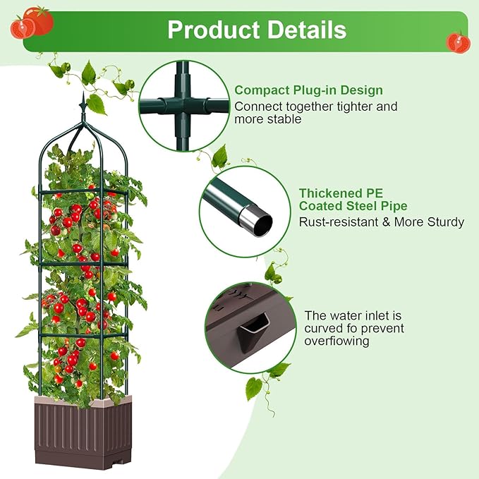 Raised Garden Bed Planter Boxes with Trellis,1pcs 70.9" Self-Watering Tomato Planter Boxes with Trellis for Climbing Vegetables Plants Flowers Tomato,Use for Indoor Outdoor (Brown)