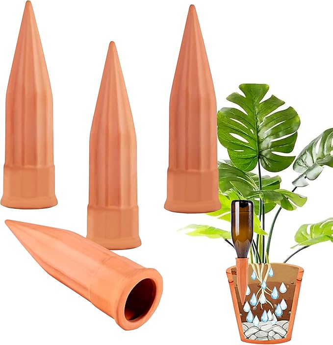 TKSCUSR Self Watering Spikes -4 Pack Terracotta Plant Watering Stakes Devices Vacation Self-Watering Stakes for Indoor/Outdoor Plants