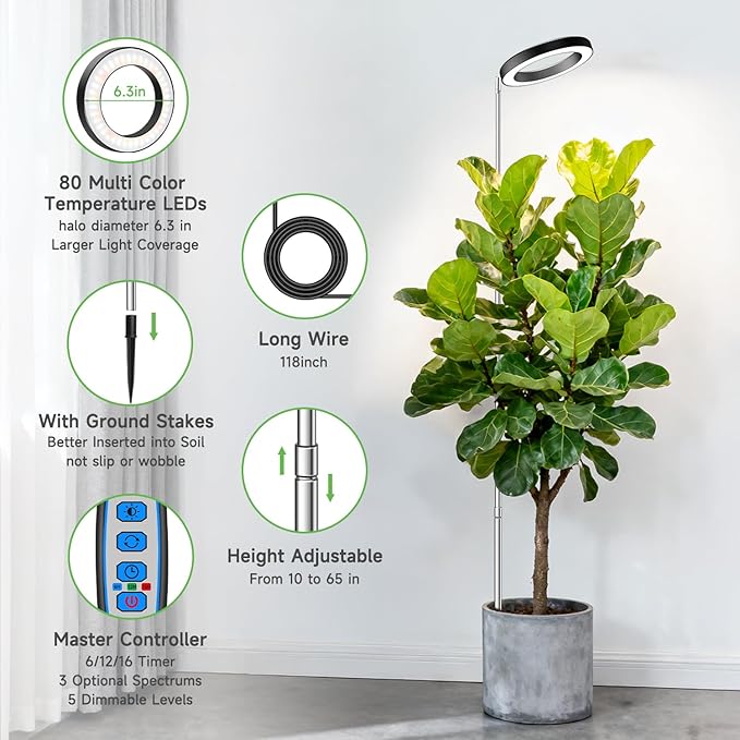Aokrean 6.3in Grow Light, 80LED Growing Light Full Spectrum for Indoor Plants, Auto Timer 6/12/16H, 3 Optional Spectrums, Height Adjustable 10"-65", Idea for Large Plant, 5V, Black, 3 Pack