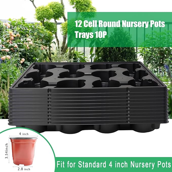 RooTrimmer 12 Cell Round Nursery Pots Trays Thickened Durable Seedling Pots Shuttle Carrying Trays for Holding 4 inch Nursery Pots (16.85" × 12.6", 10-Pack)